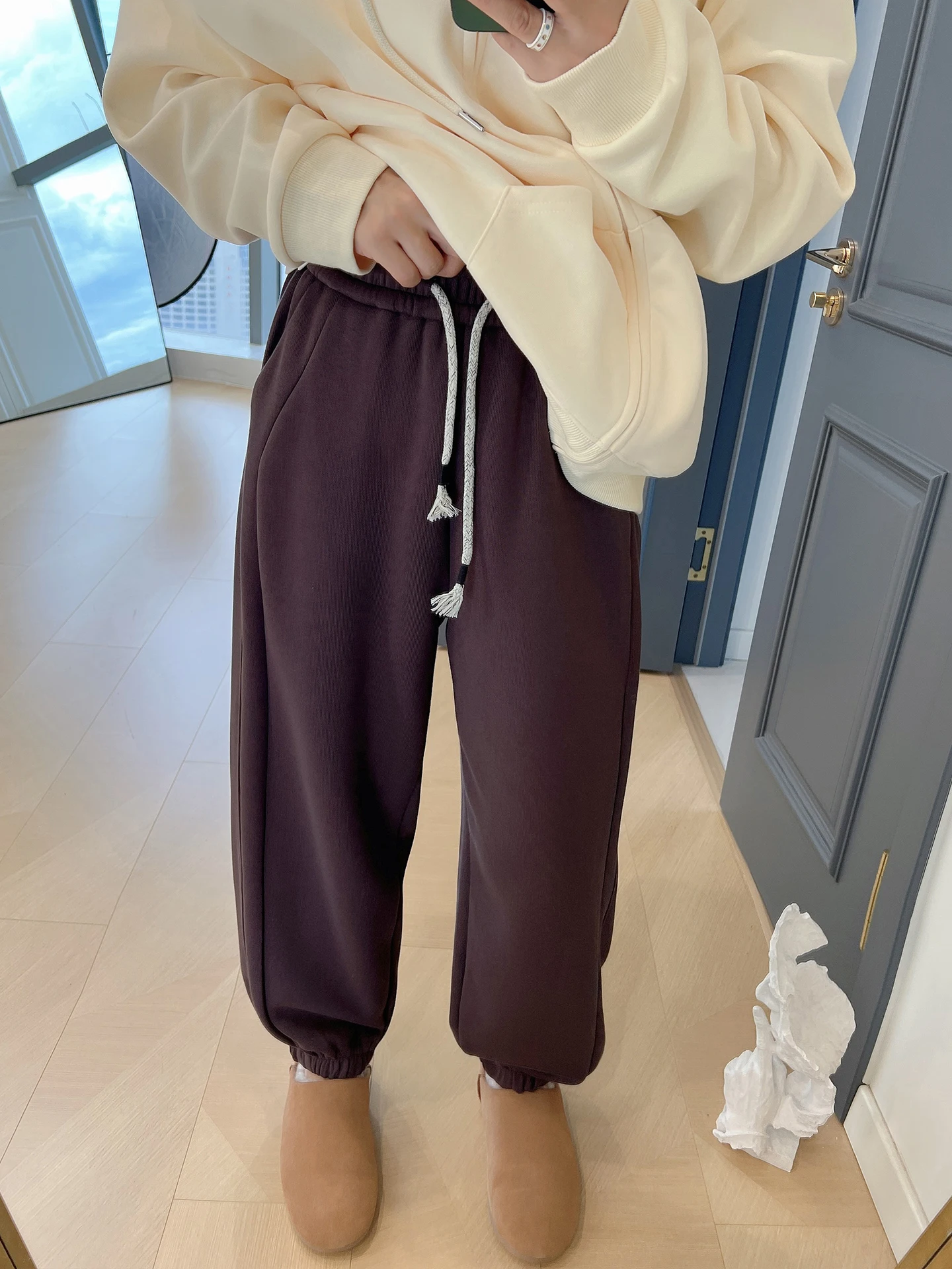 

Драпировка с высокой талией, скрытое мясо, большие размеры, женские повседневные длинные брюки, спортивные спортивные штаны с манжетами грушевого цвета