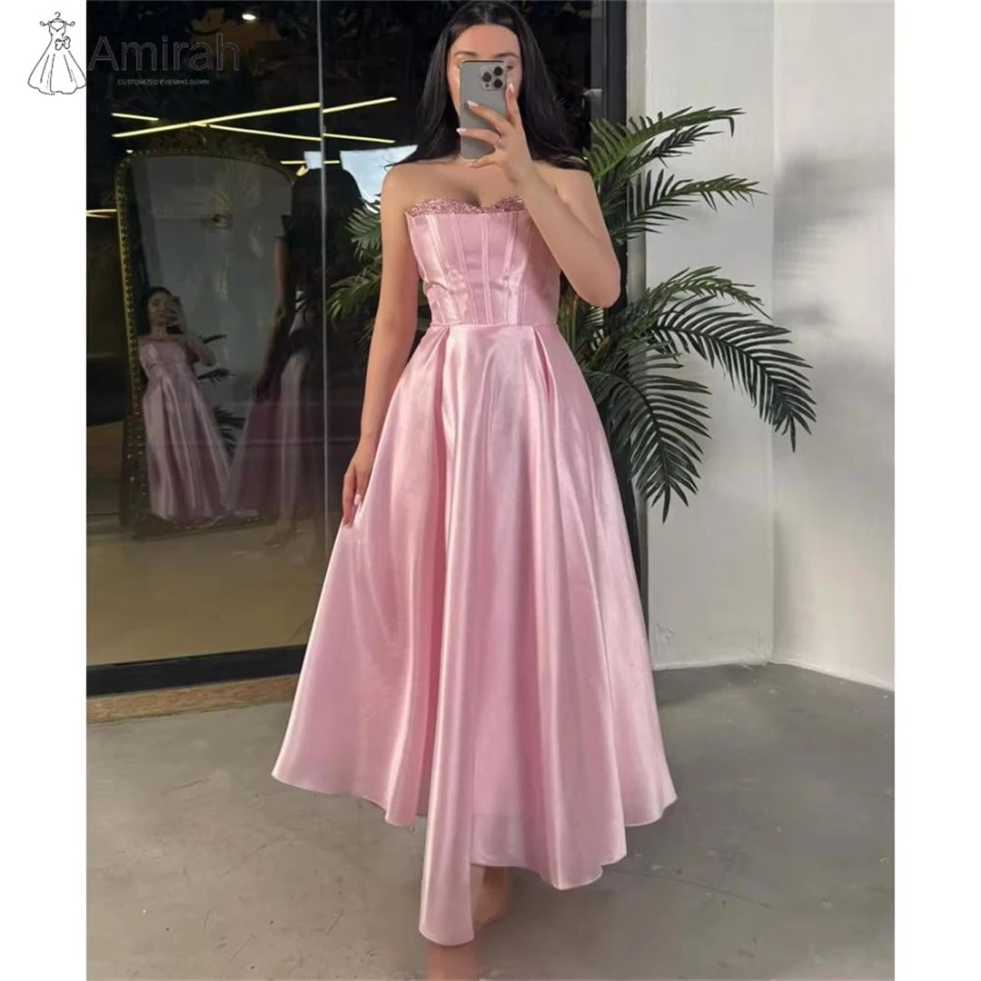 

Amirah Custom Made Elegant Prom Dresses Luxury Women's Elegant Party Dress A-line Satin Pink Off-shoulder Ankle-length Skirt