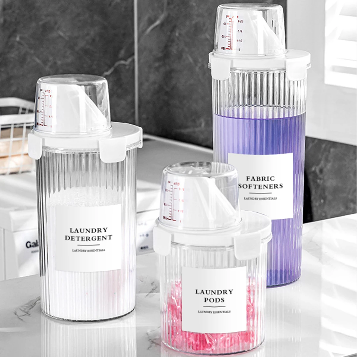 

Laundry Detergent Dispenser Bottles with Labels, Empty Refillable Laundry Soap Container, Ideal for Powder, Softener, Detergent,