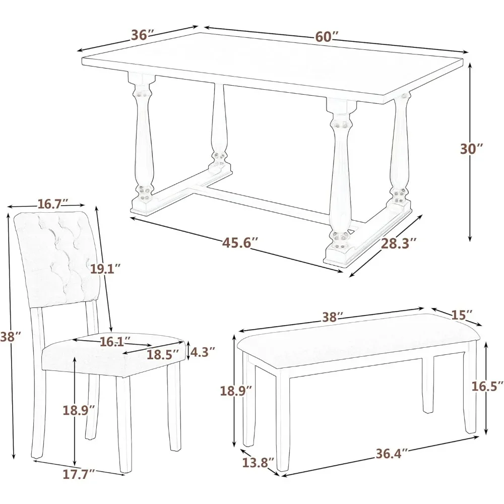 6-Piece Dining Table and Chair Set with Special-Shaped Legs and Foam-Covered Seat Backs & Cushions, Retro Dining Room Set