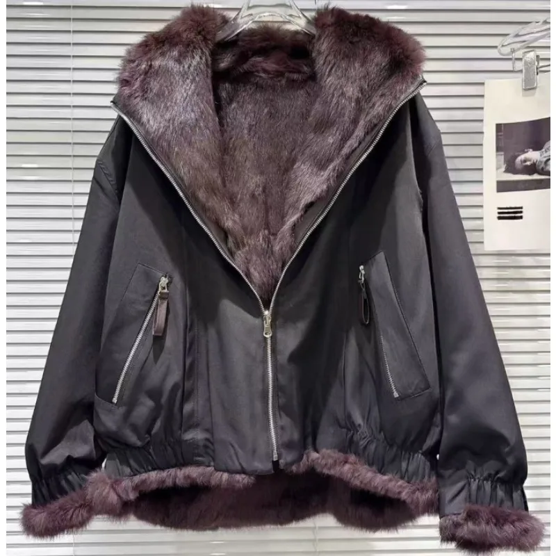 アウターウェア 新しいラビットとミンクのフェイクファーコート レディース ショートフェイクファー ワンピース エコフレンドリーコート 両面着用可能 ジャケット