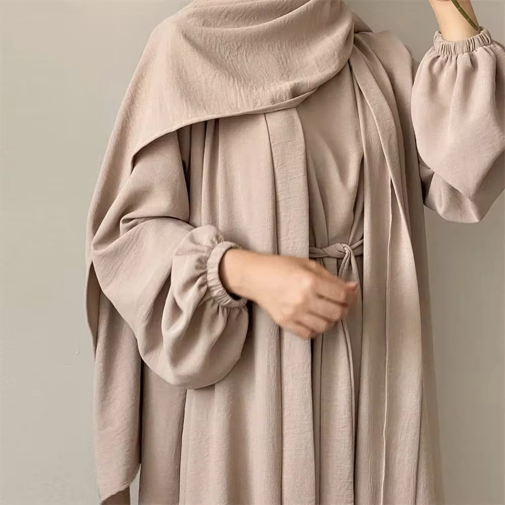 New Abaya Set Crinkle Fabric Open Abaya+Inner Long Dress Islamic Clothing Muslim Women Dresses Set Turkish Kaftan Ramadan Eid