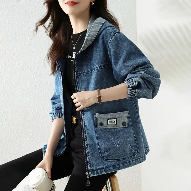 

New 2024 Spring Autumn Women’s Denim Jacket 2024 Large Size Hooded Ladies Jeans Coat Splicing Zipper Female Cowboy Overcoat