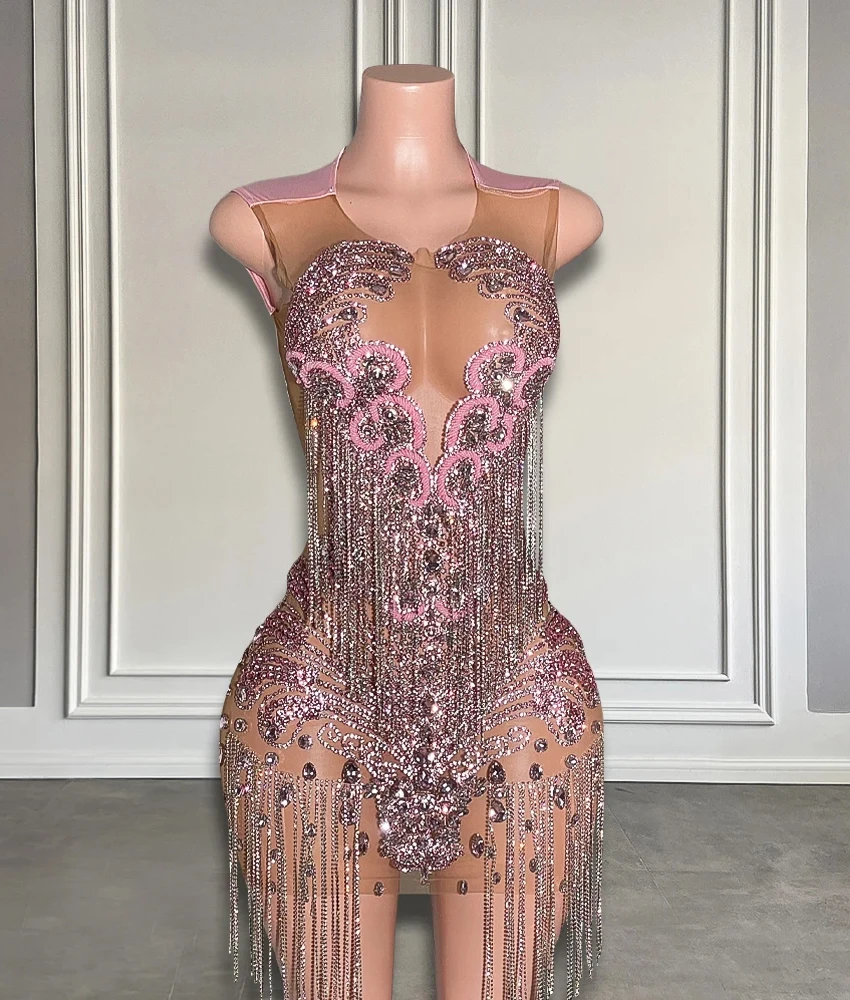 

Customized High Quality Straight Sequined Beading Crystal Tassel Evening Dress Luxury Sleeveless O-neck Special Occasion Gowns