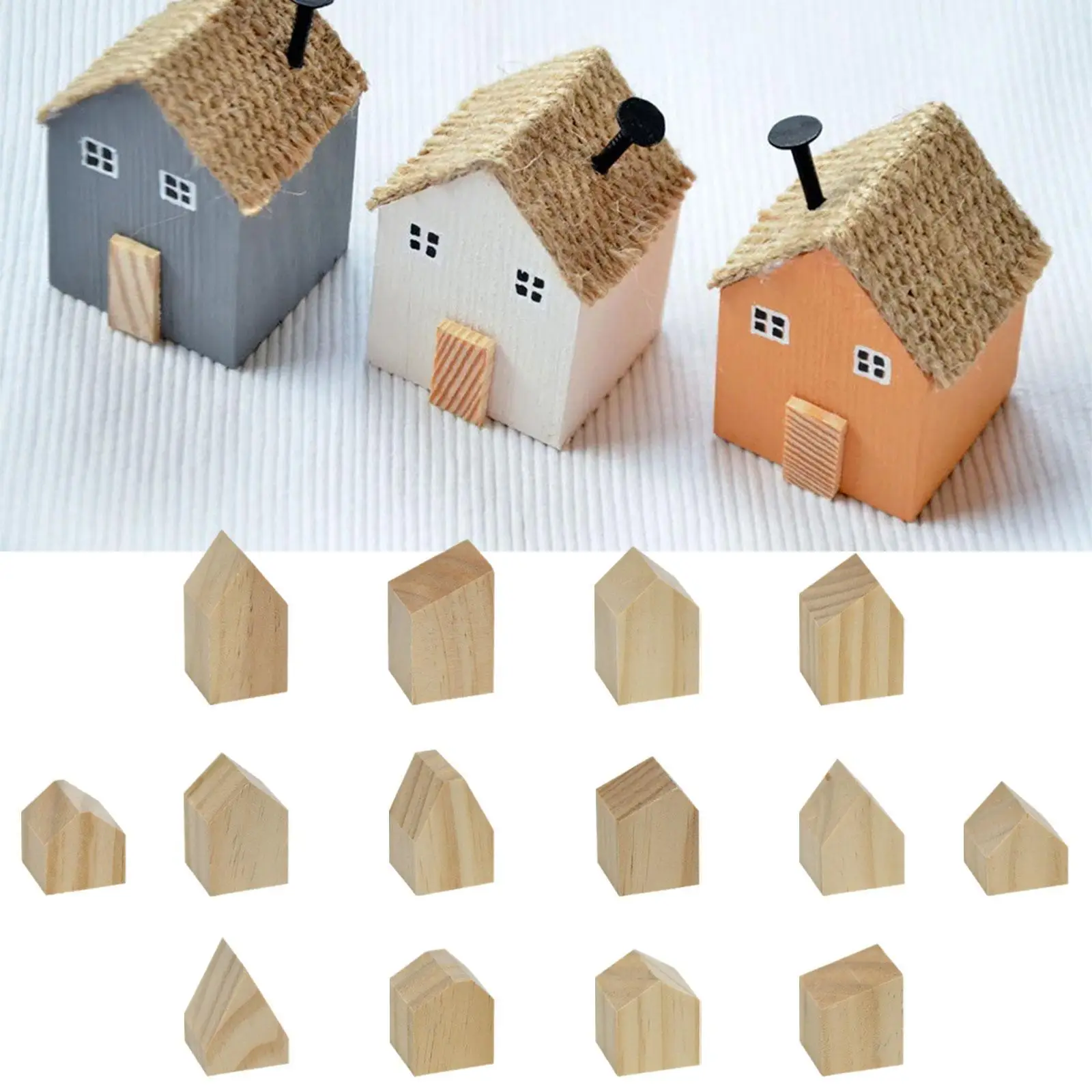 14x 未完成の木製ハウス ウッドブロック DIY ペイントギフト アート ファームハウス ブランク