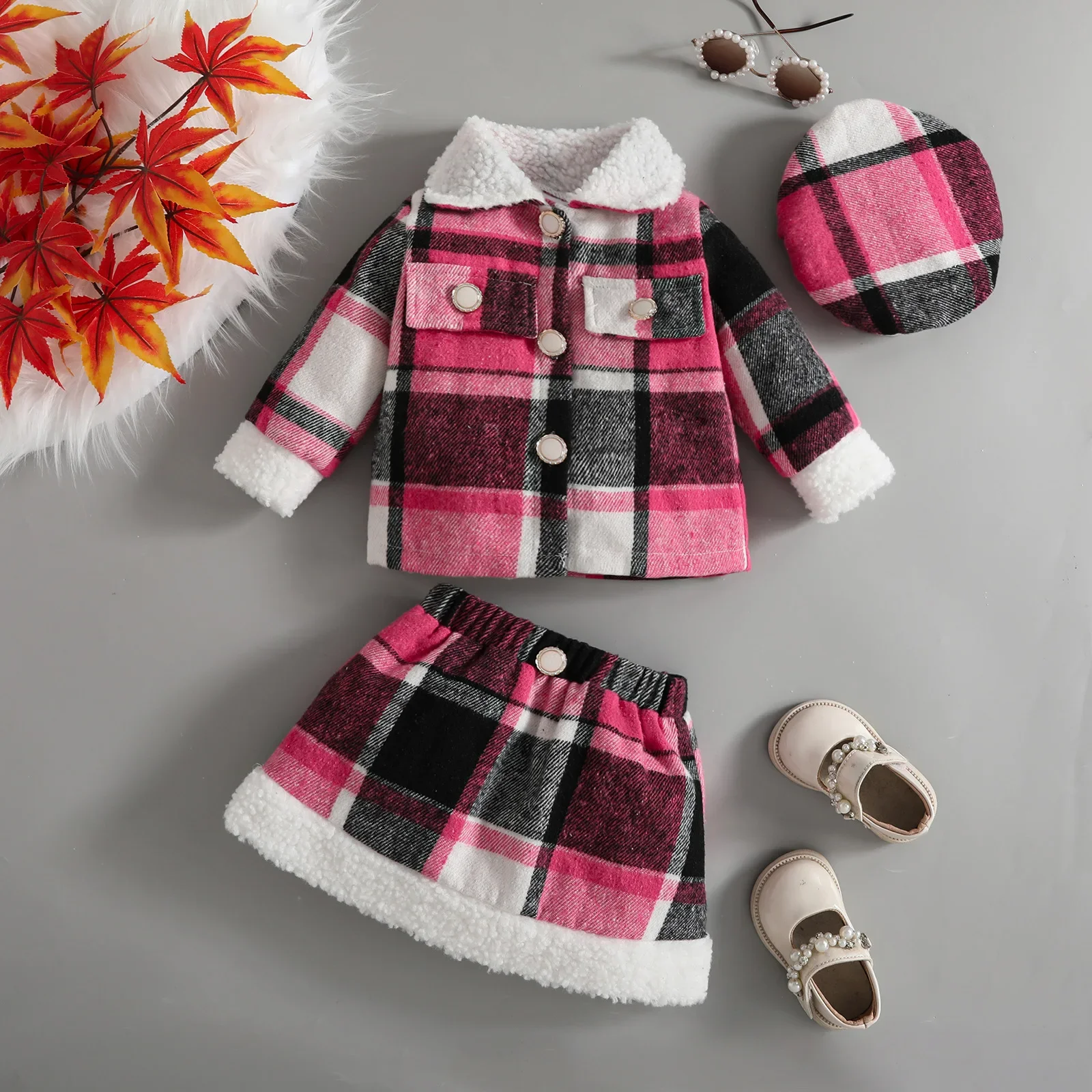 

0-3Y Baby Infant Autumn Winter Chic Plaid 3-Piece Set Fleece-Lined Collar Single-Breasted Coat & Skirt and Bere