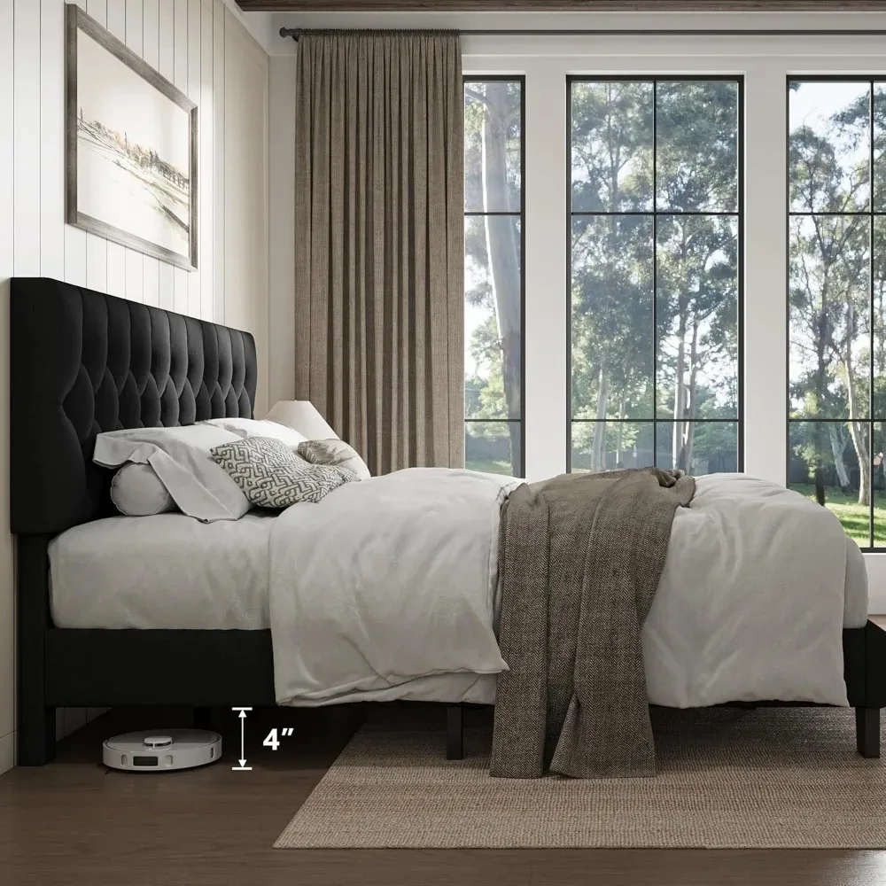 

Full Size Upholstered Bed Frame with Button Tufted Headboard, Linen Platform Bed, Thick Support Legs, Dark Gray