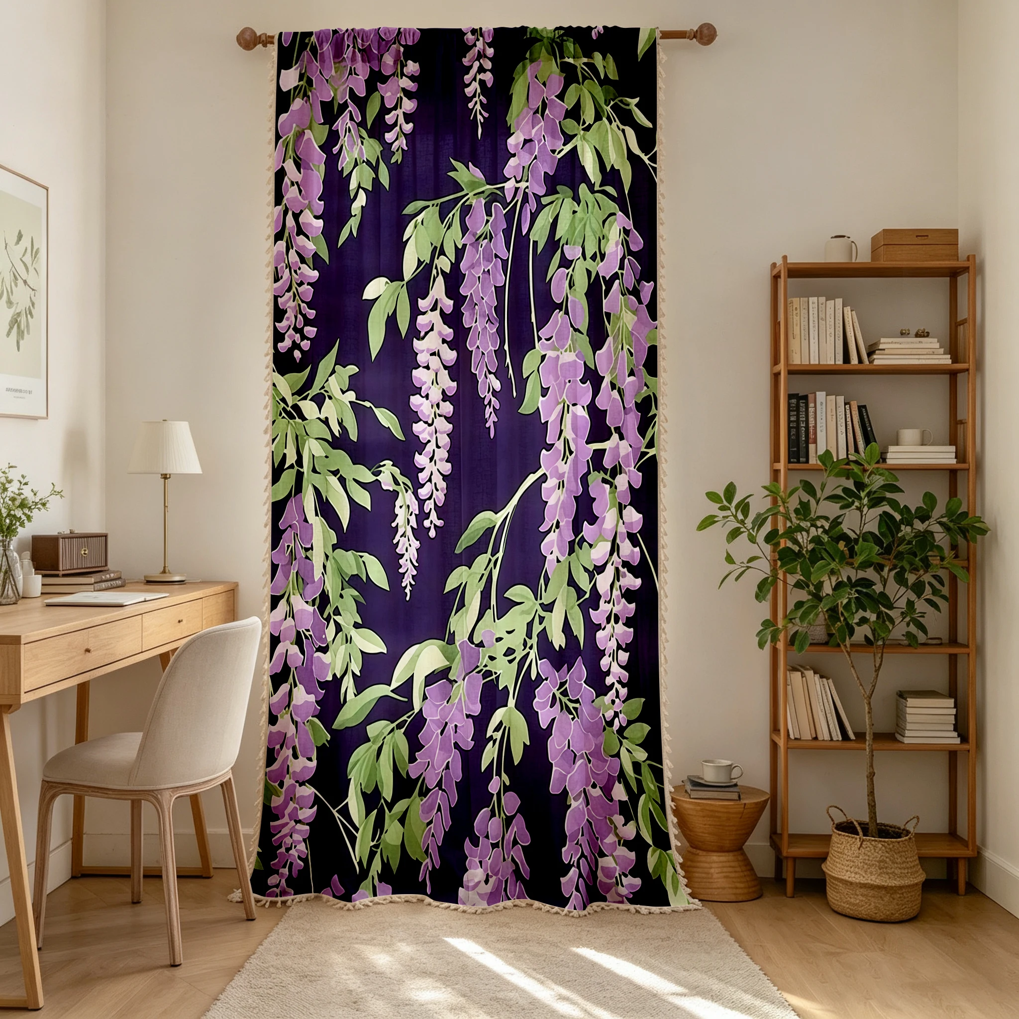 1PC Floral Tassel Sheer Curtains, Wisteria Floral, Digital Print, Linen Polyester, Bedroom Living Room Kitchen, Home Decor