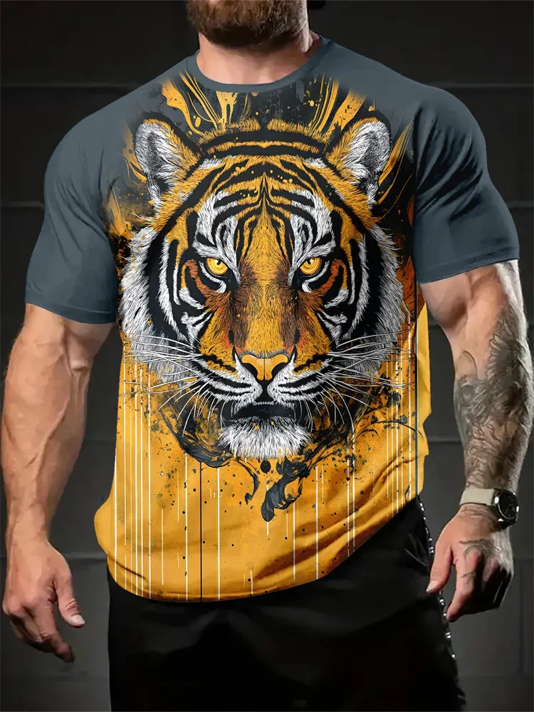 Fierce Tiger Printed Men's T-shirt Leisure Fashion Cool 3D Animal Pattern Short Sleeve Top Trend Breathable Unisex Pullover Tees