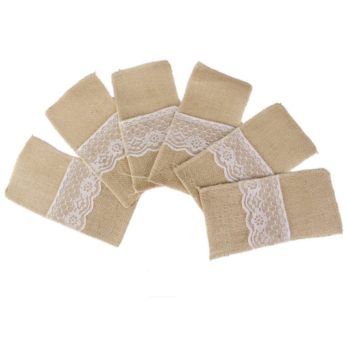 

6pcs Burlap Lace Cutlery Storage For Fork Spoon 21X11Cm White Brown Rustic Jute Bag With Bowknot Floral Decor Wedding Party