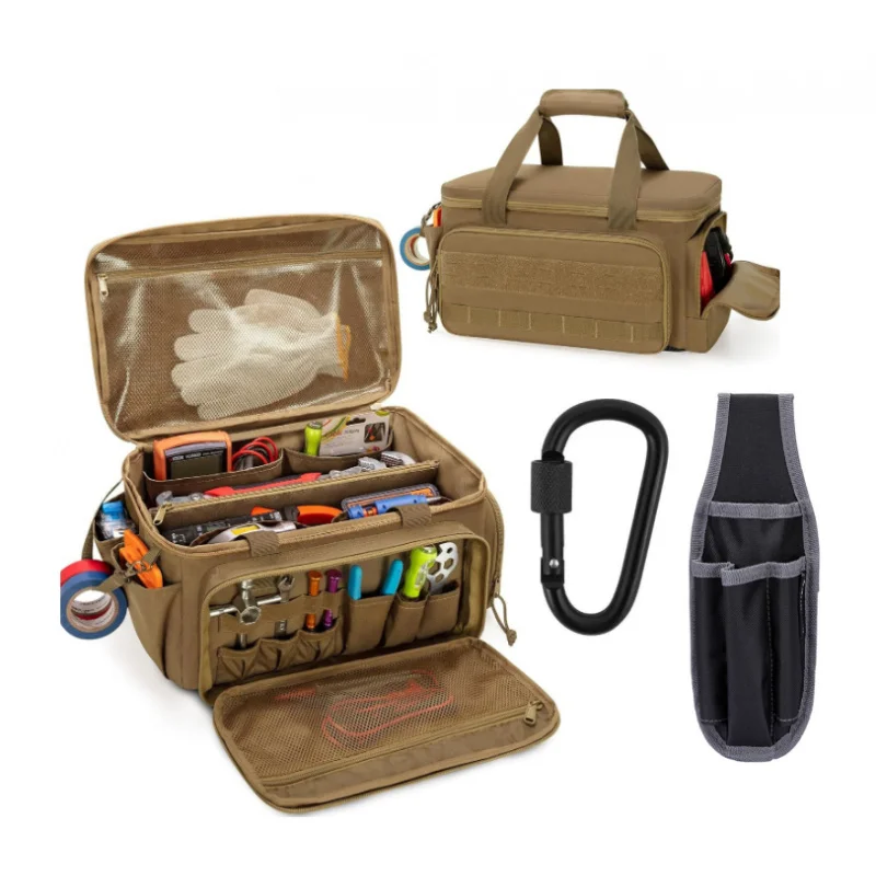 Heavy duty large capacity tool kit handbag, multiple pockets, 14.4x8.5x8.1 inches, with mountain buckle (tool not included)