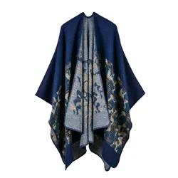 European  American Women's Fashion Camouflage Imitation Cashmere Split Fork Lengthened Thickened Cape Ponchos Lady Coat Navy