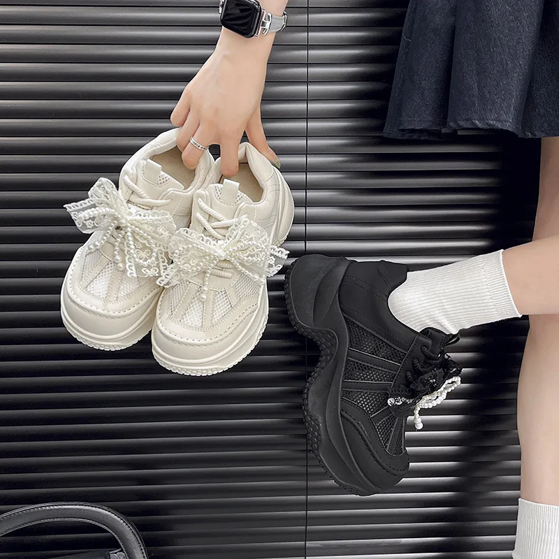 

European Style Thick-Soled Dad Sneakers for Women new style breathable mesh pearl lace-up height-increasing casual sneakers