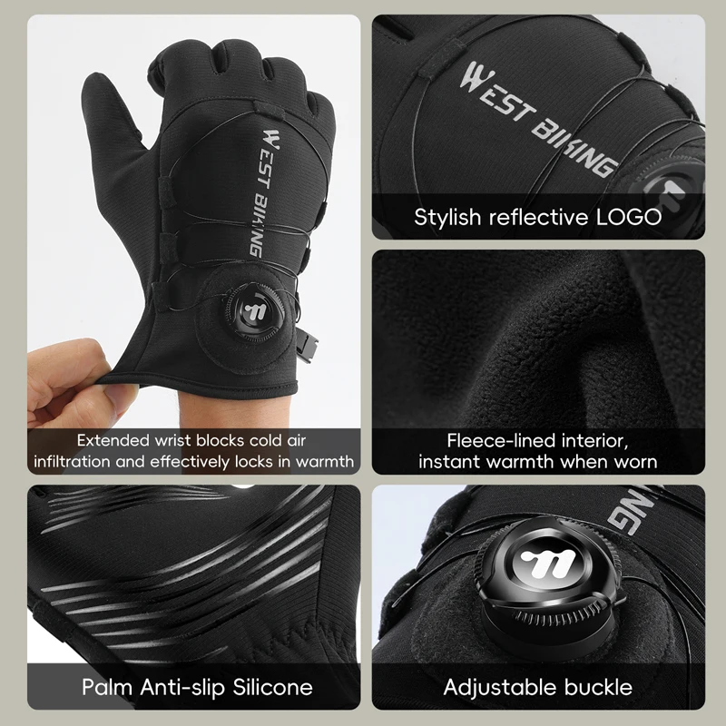 

WEST BIKING Winter Self-Locking Bicycle Gloves Thermal Warm Full Finger Cycling Gloves Sports Touchscreen Twist Locking Gloves