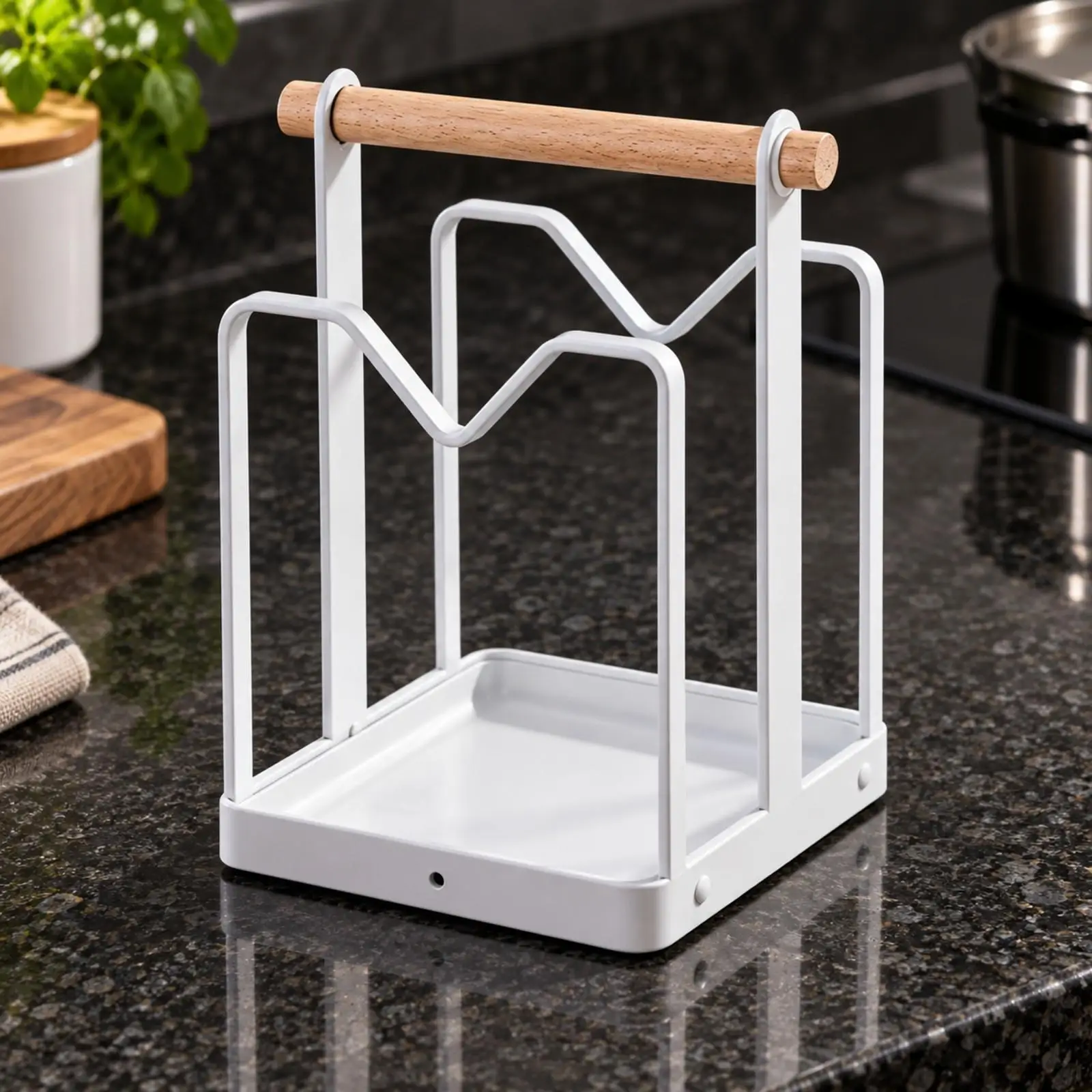 Kitchen Lid Storage Rack Countertop Organizer Holder for Pan Lids Cutting Boards Carbon Steel Beech Wood Stand