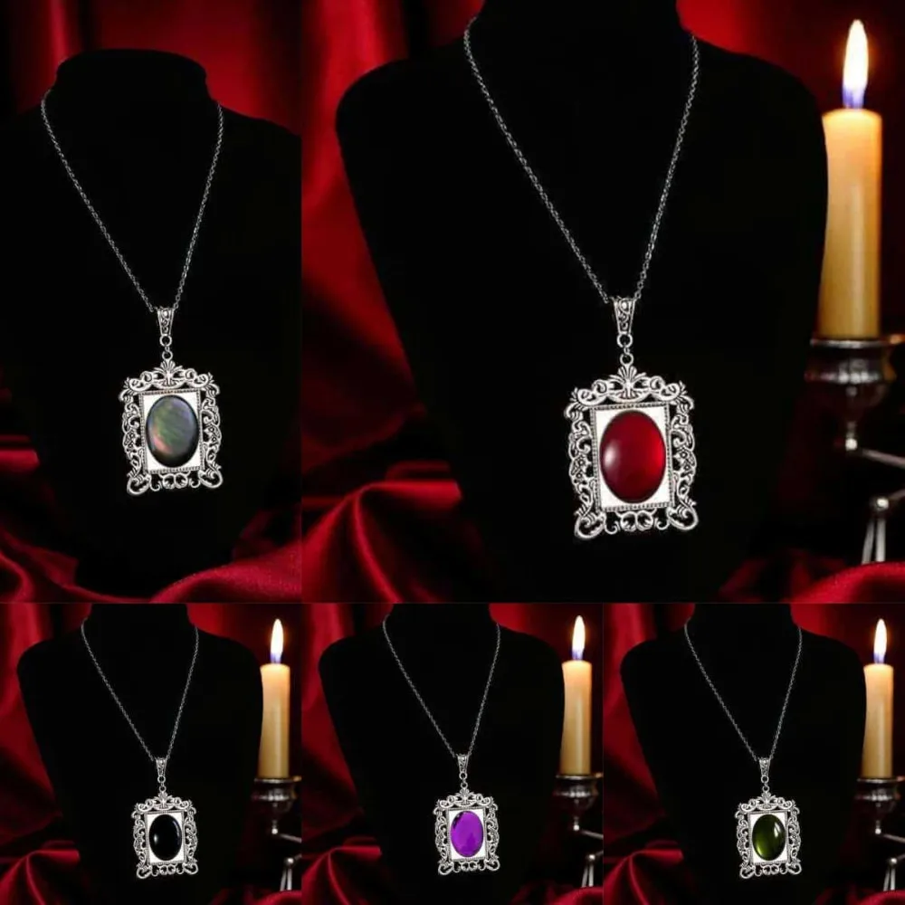 Gothic Victorian Silver‑Tone Hollow Ornate Frame Red Oval Quartz Crystal Gem Pendant Necklace for Women Dark Aesthetic Jewelry