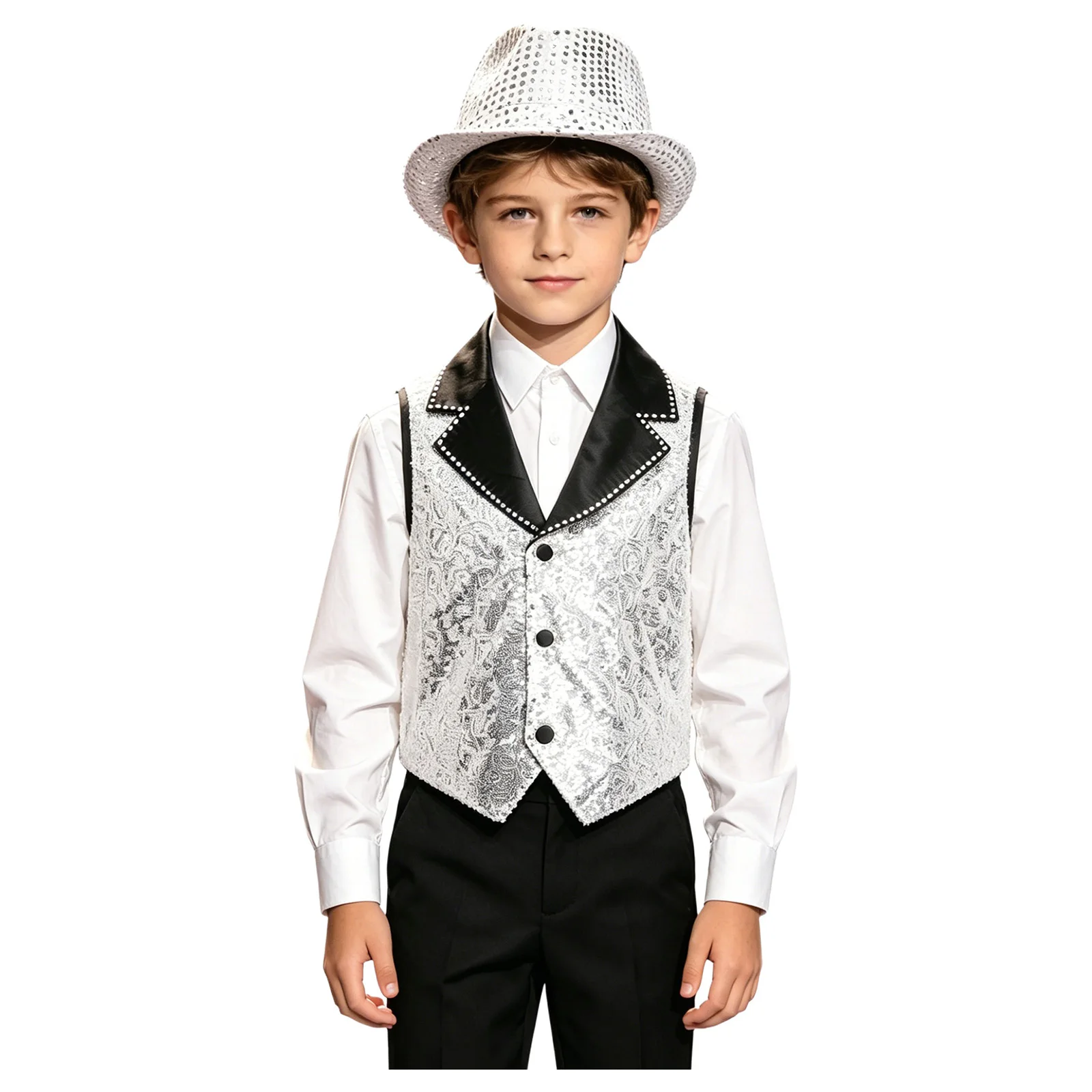 Kids Boys 2pcs Jazz Hip Hop Dance Outfit Contrasting Lapel Collar Waistcoat Sleeveless Sparkling Vest with Sequined Hat Set
