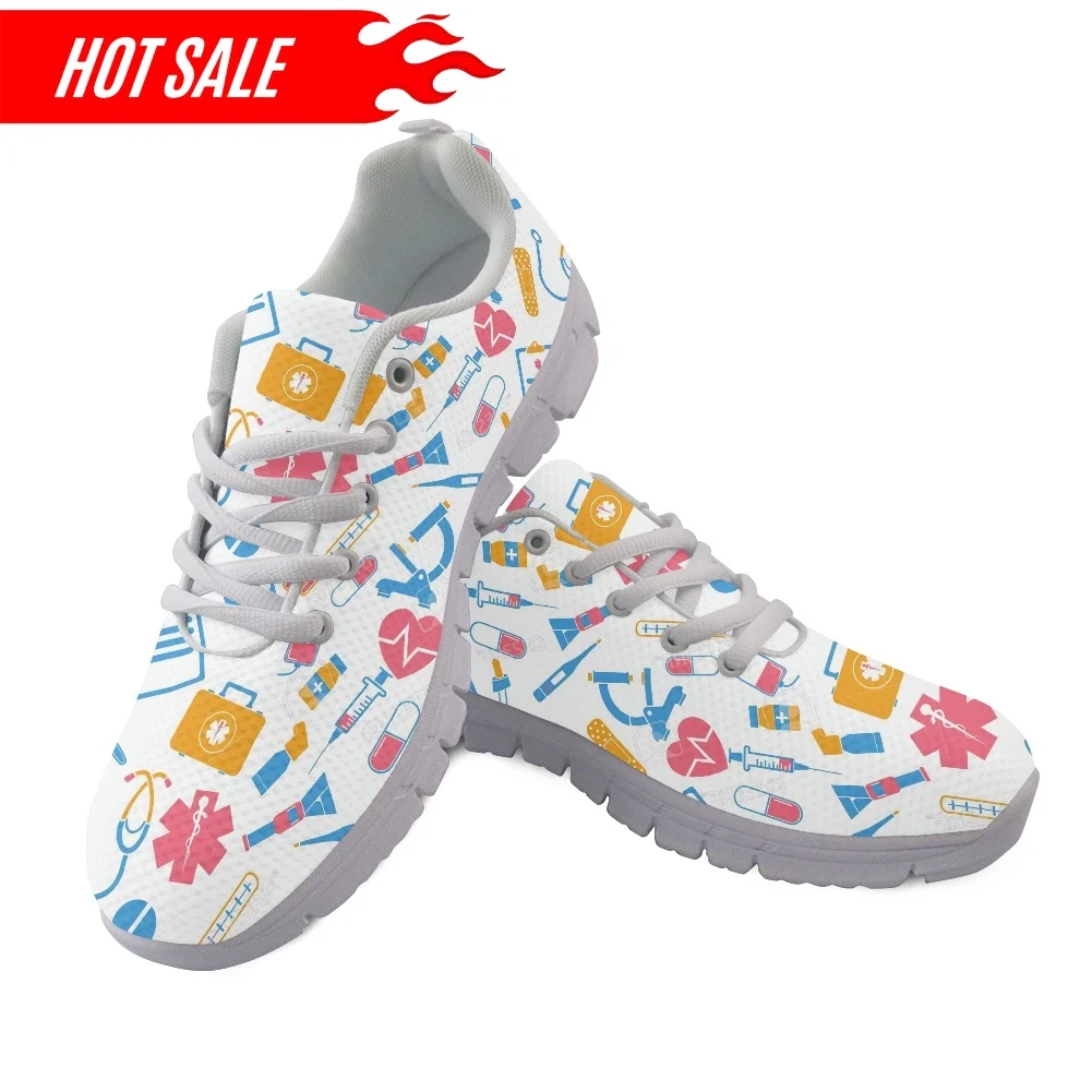 Nurse Flat Shoes Cute Cartoon Medical Pattern Women Nursing Shoes Female Casual Running Sneakers Light Mesh Footwear