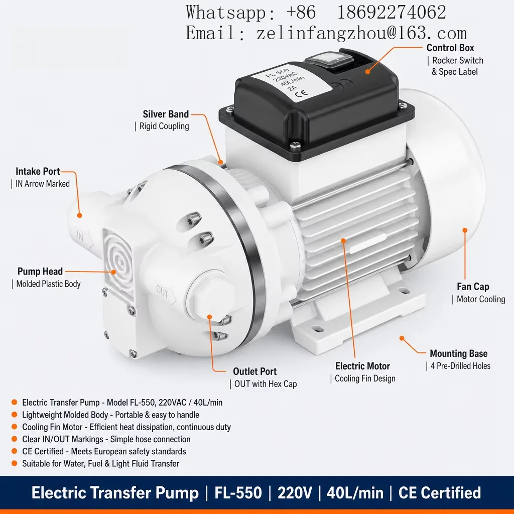 Electric Diaphragm Transfer Pump FL-550 220V 40L Min IN OUT Labeled Ports Rocker Switch Clear Cover White CE Heavy Duty