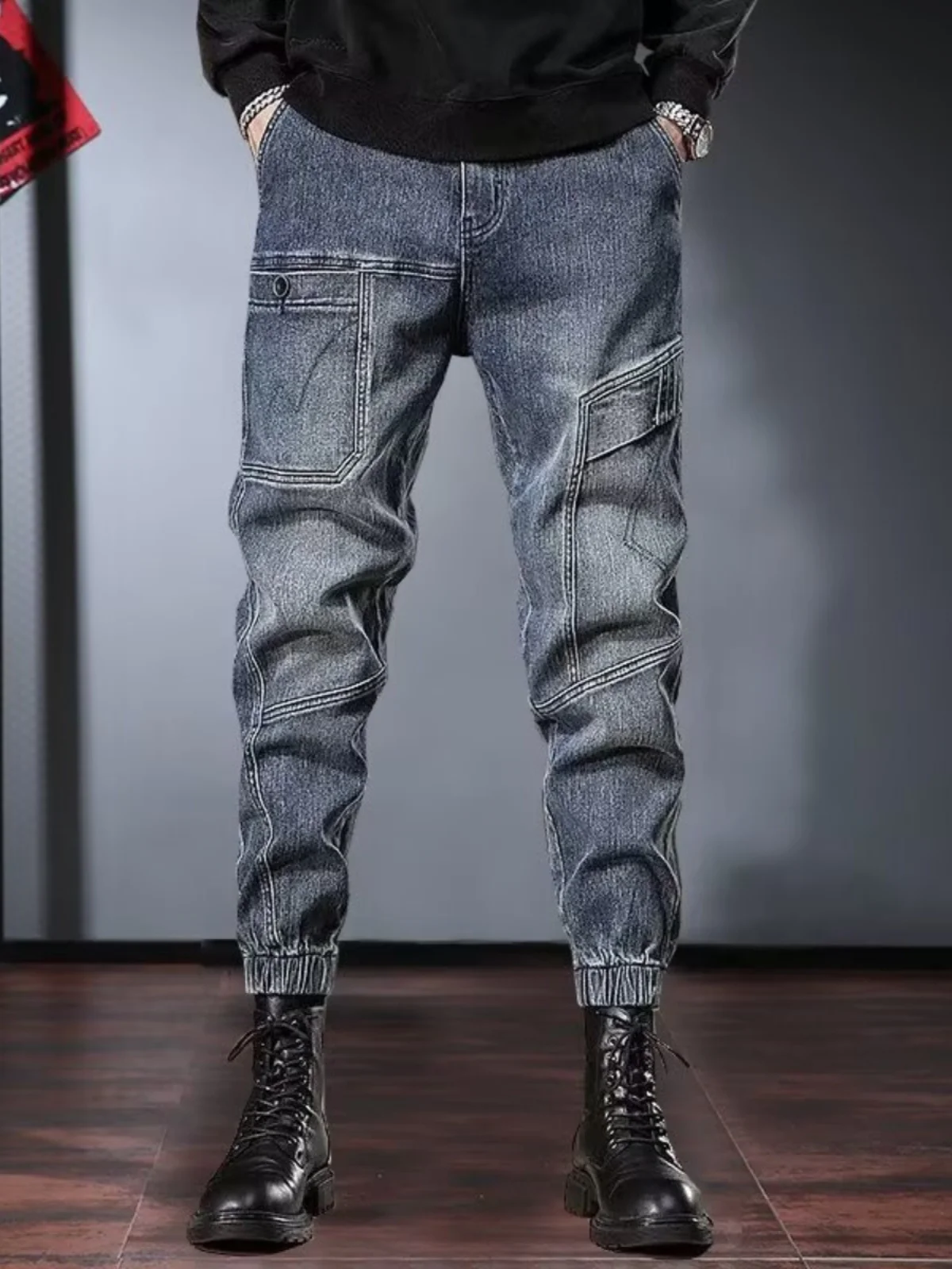 

Мужская рабочая одежда с талией в стиле ретро, джинсы, брюки Харлан, синие модные брюки с манжетами на весну и осень, повседневные износостойкие эластичные джинсовые брюки