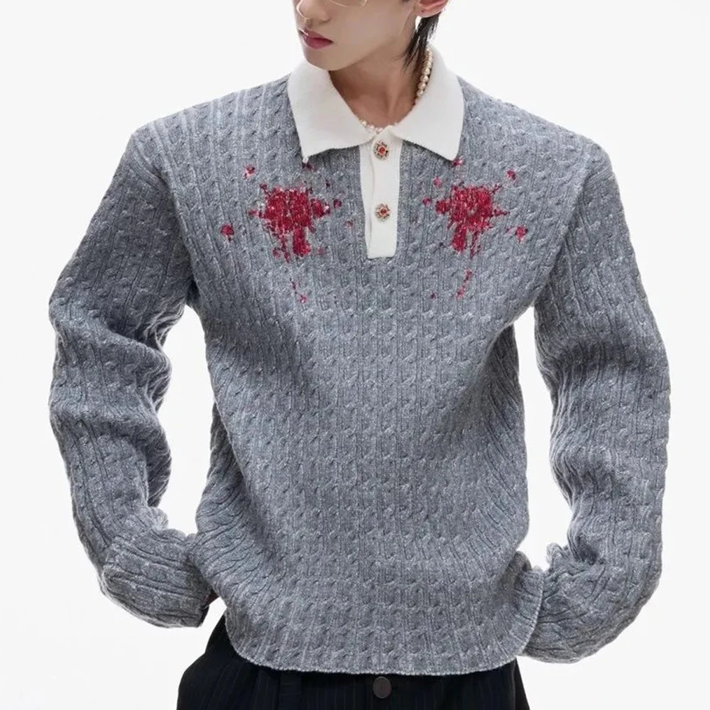 Mens Spring Color-Blocked Gemstone Button Slim Knit Sweater Streetwear Fashion Retro Casual Outdoor Top Men'S Clothing 2026 New