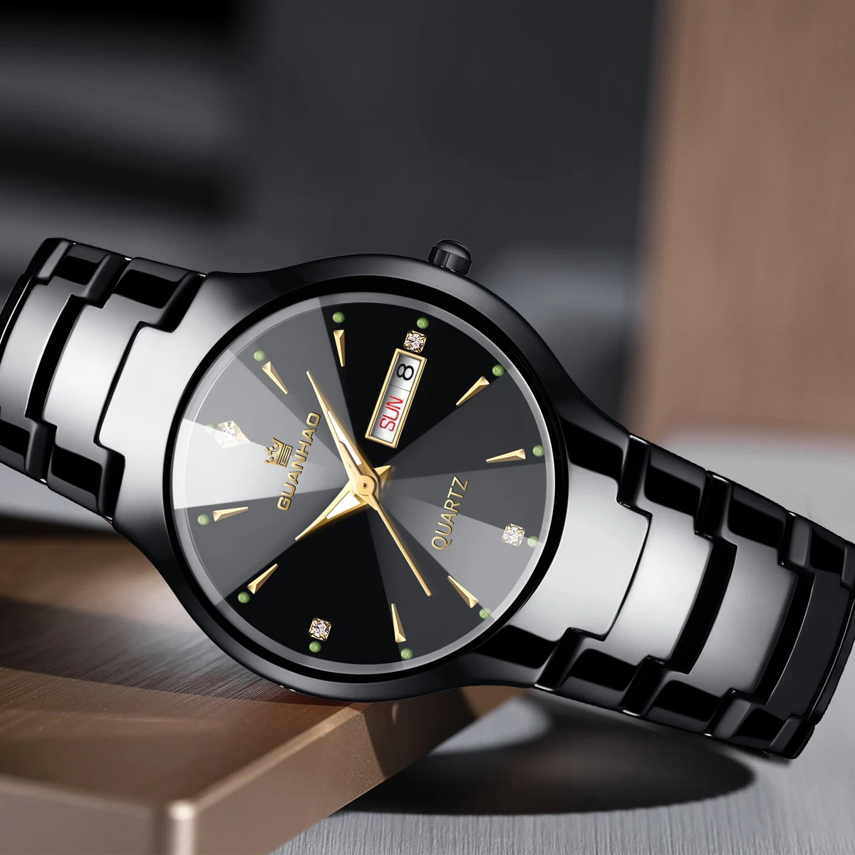 Black Ceramic Men Watches Calendar Wristwatches Waterproof Diamond Simple Dress Watch Week Display Date Quartz Wristwatch