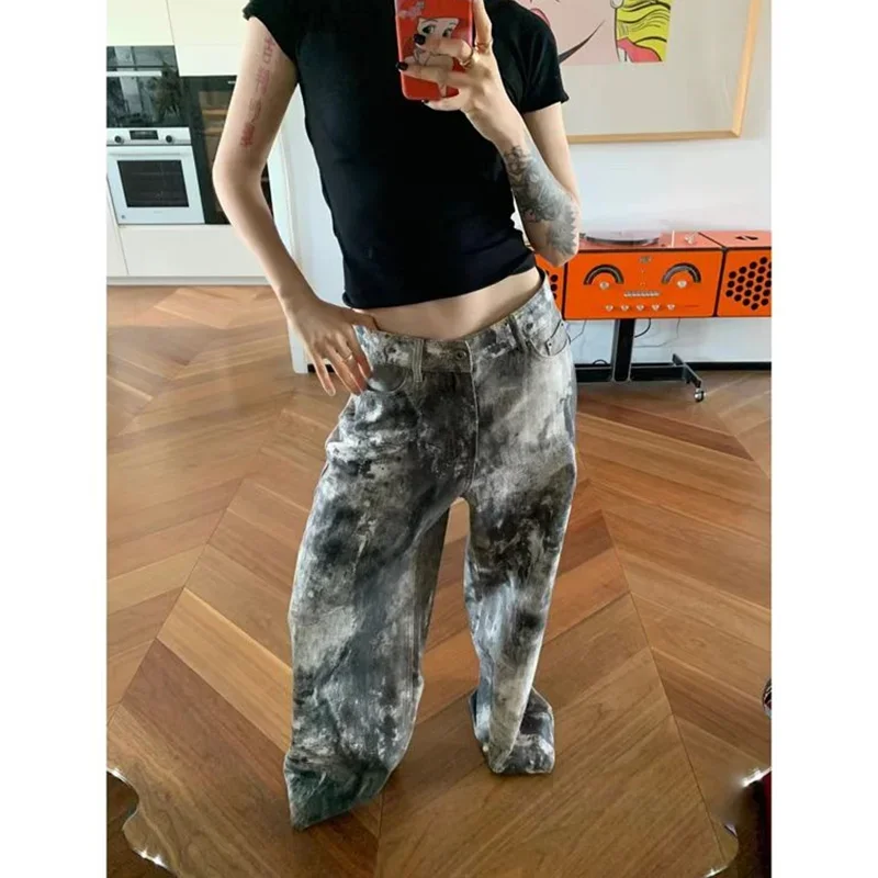 Blaue Damenjeans Hip-Hop Mode Vintage Streetwear Y2K Weites Bein Gerade Jeans Hohe Taille Hose Klassische Baggy Denim Hose