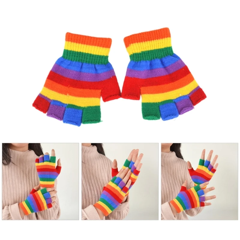 Guantes de arcoíris gruesos y cálidos para niños pequeños, guantes de dedo completo con estilo, guantes de rayas coloridas