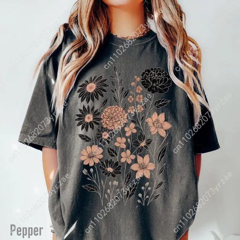 ضغط الزهور الرجعية التي شيرت رجل امرأة عالية الجودة خمر تي شيرت القطن قصير الأكمام موضة تي شيرت لينة تنفس القمم