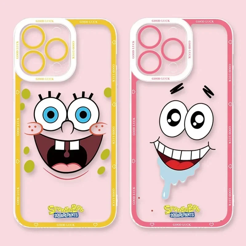 Lovely SpongeBobs Phone Case For iPhone 15 14 Pro Max 13 12 Mini 11 Pro XR XS X 8 7 6 6S Plus SE 2020 Clear Silicone Back Cover