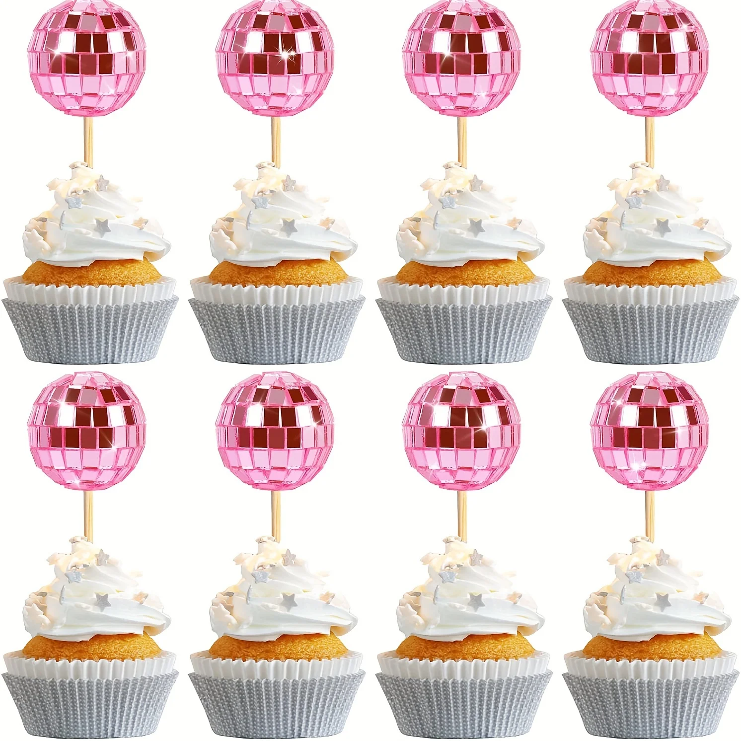 10 Stück 3cm Silber Rosa Discokugel Cupcake-Topper Disco-Thema Kuchendekoration Spiegelkugel mit Holzstab Feiertagsparty-Requisiten – Detail 4