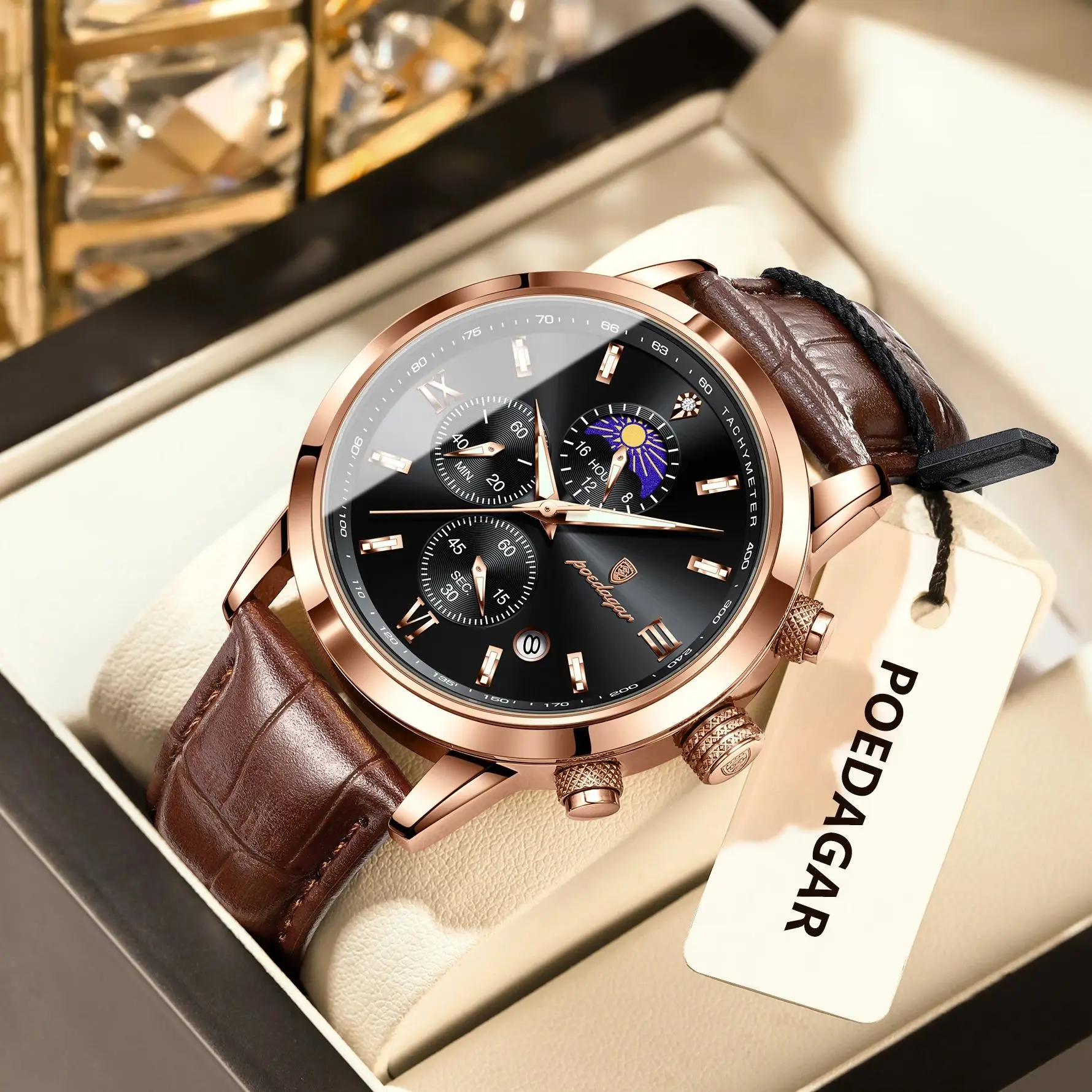 POEDAGAR Original Business Men's Wristwatch Chronograph Date Luminous Waterproof Man Watch Leather Luxury Quartz Watches For Men