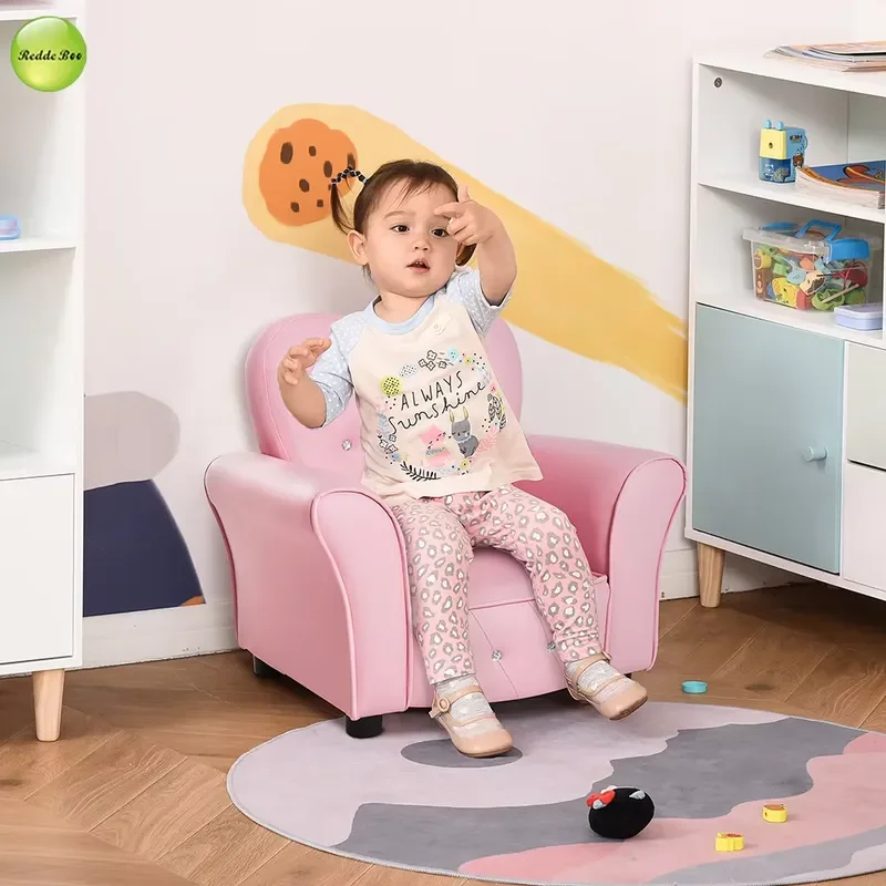 Pink Heart Shaped Kids Armchair Crystal Tufted Solid Wood Frame Toddler Chair for Girls Bedroom Nursery Furniture Decor Solid