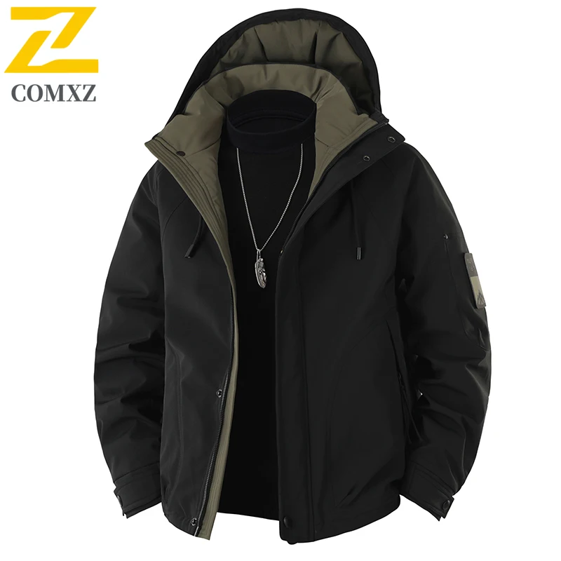 เสื้อแจ็คเก็ตดาวน์ผู้ชาย 2025 สไตล์ใหม่ ขนเป็ดขาว 90% ผ้าฝ้ายหนา กันหนาว อุ่น มีฮู้ด เสื้อโค้ทลำลองสำหรับฤดูหนาว เสื้อแจ็คเก็ตดาวน์