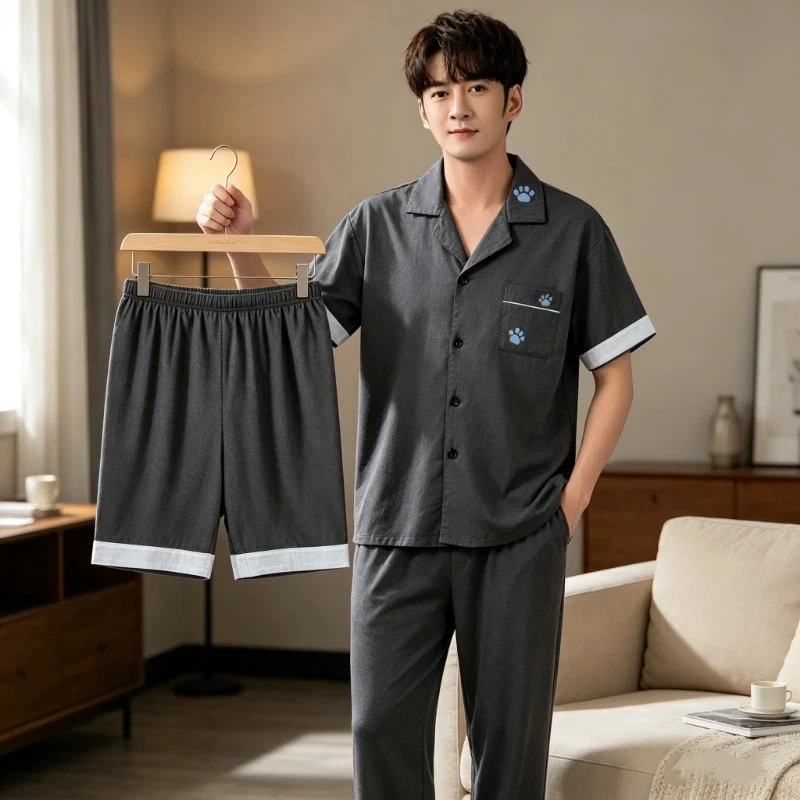 Men's 3PCS Pajama Set Short Sleeve Shirt + Shorts + Long Pants Paw Print Embroidery Loungewear Casual Homewear Summer Nightwear