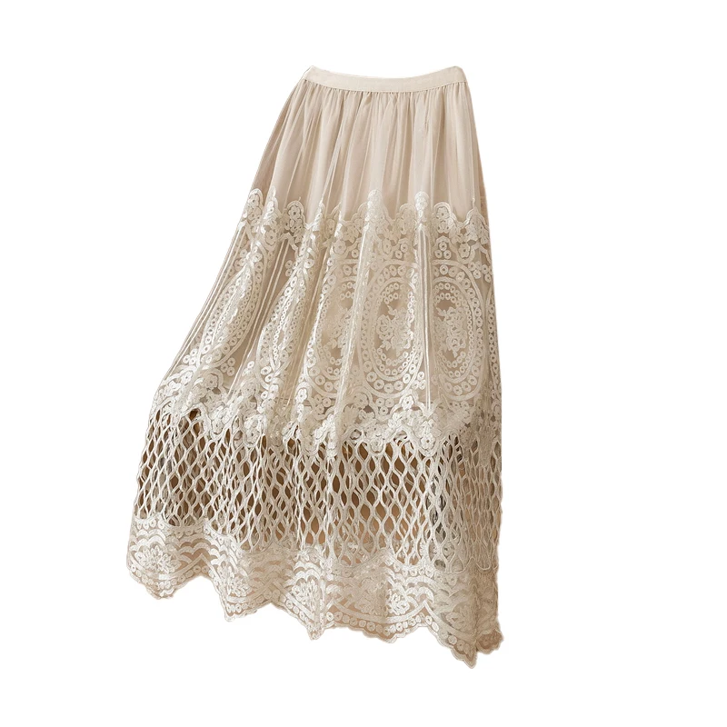 الرجعية تفريغ الدانتيل مطوي ميدي تنورة للنساء ربيع الخريف حجم كبير التخسيس ألف خط تنورة عالية الخصر العادية رقيقة