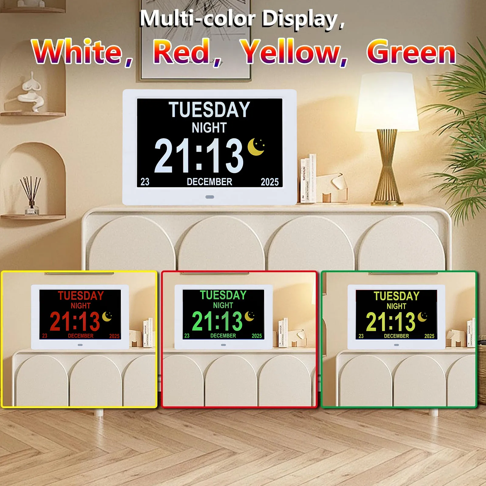 

8 Inch Digital Calendar Clock Date and Time Display Customizable Alarm Auto Dimming Picture Video Playback Large Digital Clock