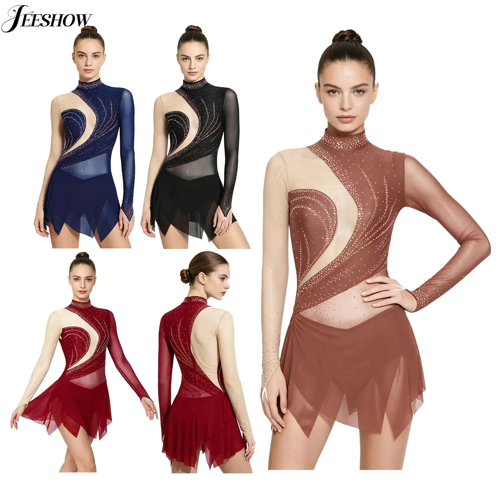 Womens Figure Skating Dance Dress Contrast Color Mesh Long Sleeve Irregular Hem Leotard Dress Gymnastics Latin Dance Costume