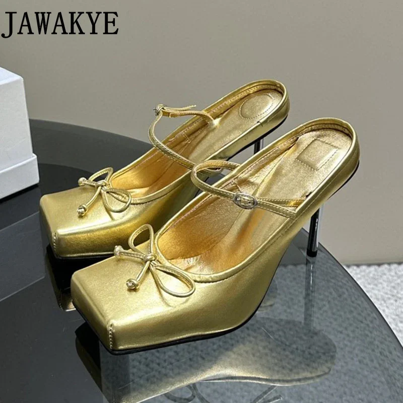 

Elegant Women's Formal Shoes Square Toe Bow Tie High Heels Golden Elastic Strap Summer Vintage Mary Janes Sexy Party Shoes