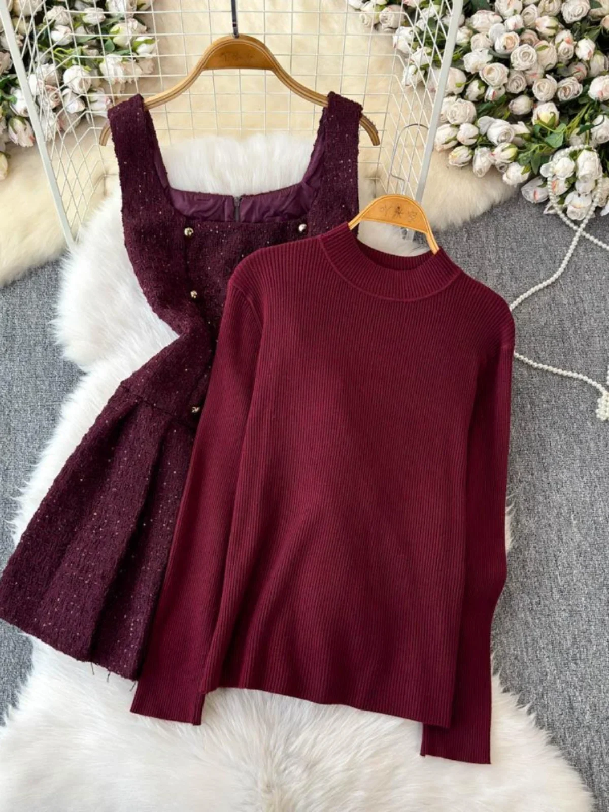 French Celebrity Temperament Woolen Pleated Dress Short Dress Light Luxury High-end Bottoming Shirt Two-piece Sets Women Outfits