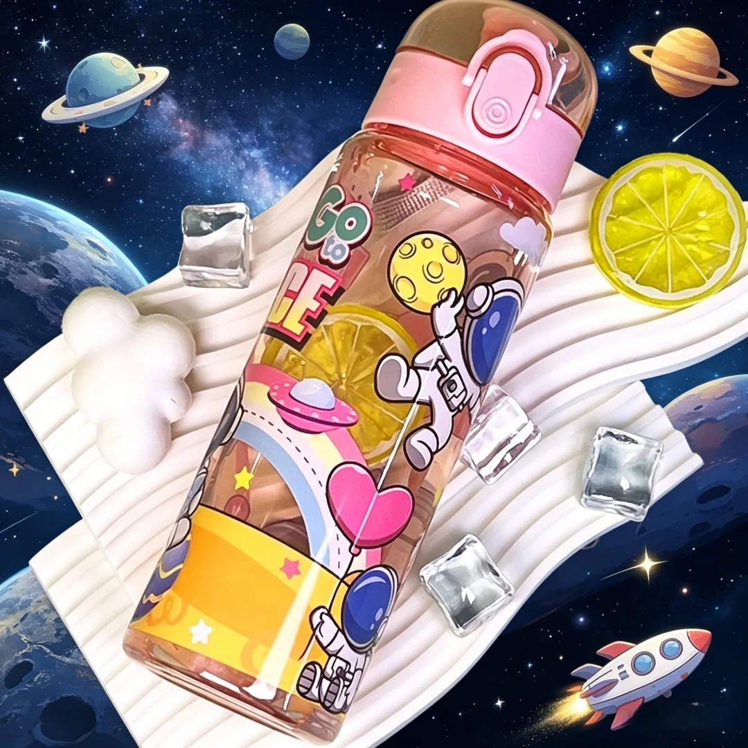 Transparent Cool Astronaut Cartoon Water Bottle, Stylish High Appearance, Lightweight Leakproof Design with Lanyard，Gift，School