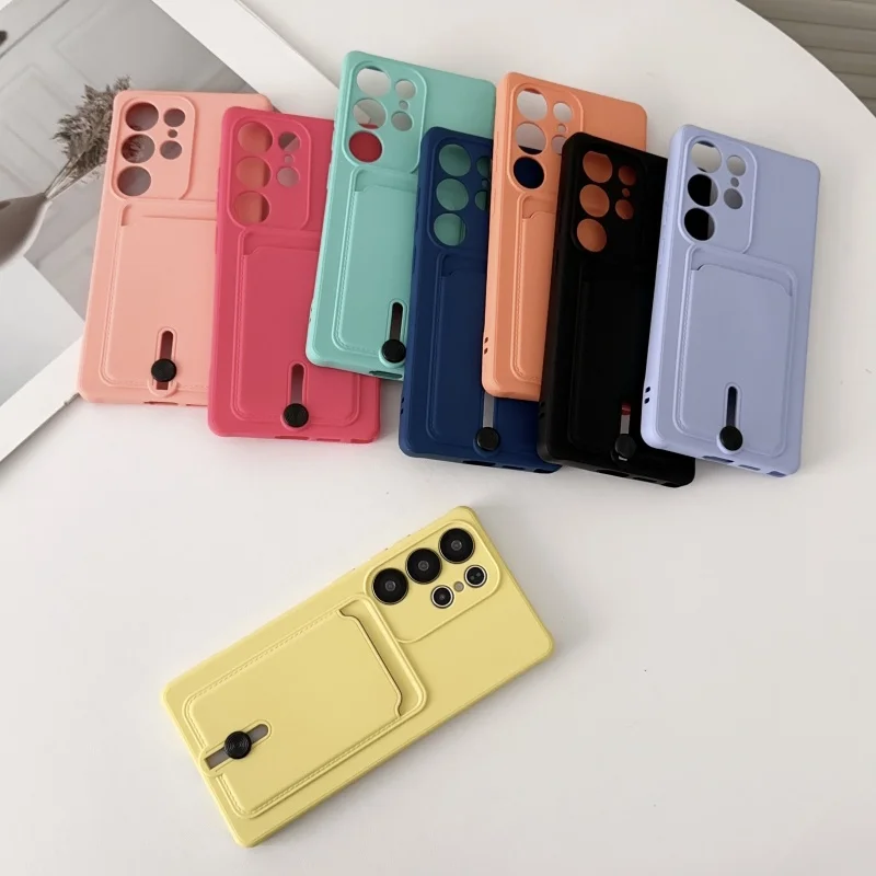 حافظة جيب للبطاقات من السيليكون السائل لهاتف سامسونج جالاكسي S25 S24 S23 S22 S21 Ultra Plus S24FE غطاء خلفي مقاوم للصدمات