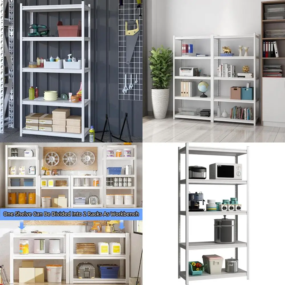 

Регулируемый 5-ярусный металлический стеллаж для хранения - Сверхпрочные полки для гаража, кухни, кладовой, гардеробной, офиса (белый)