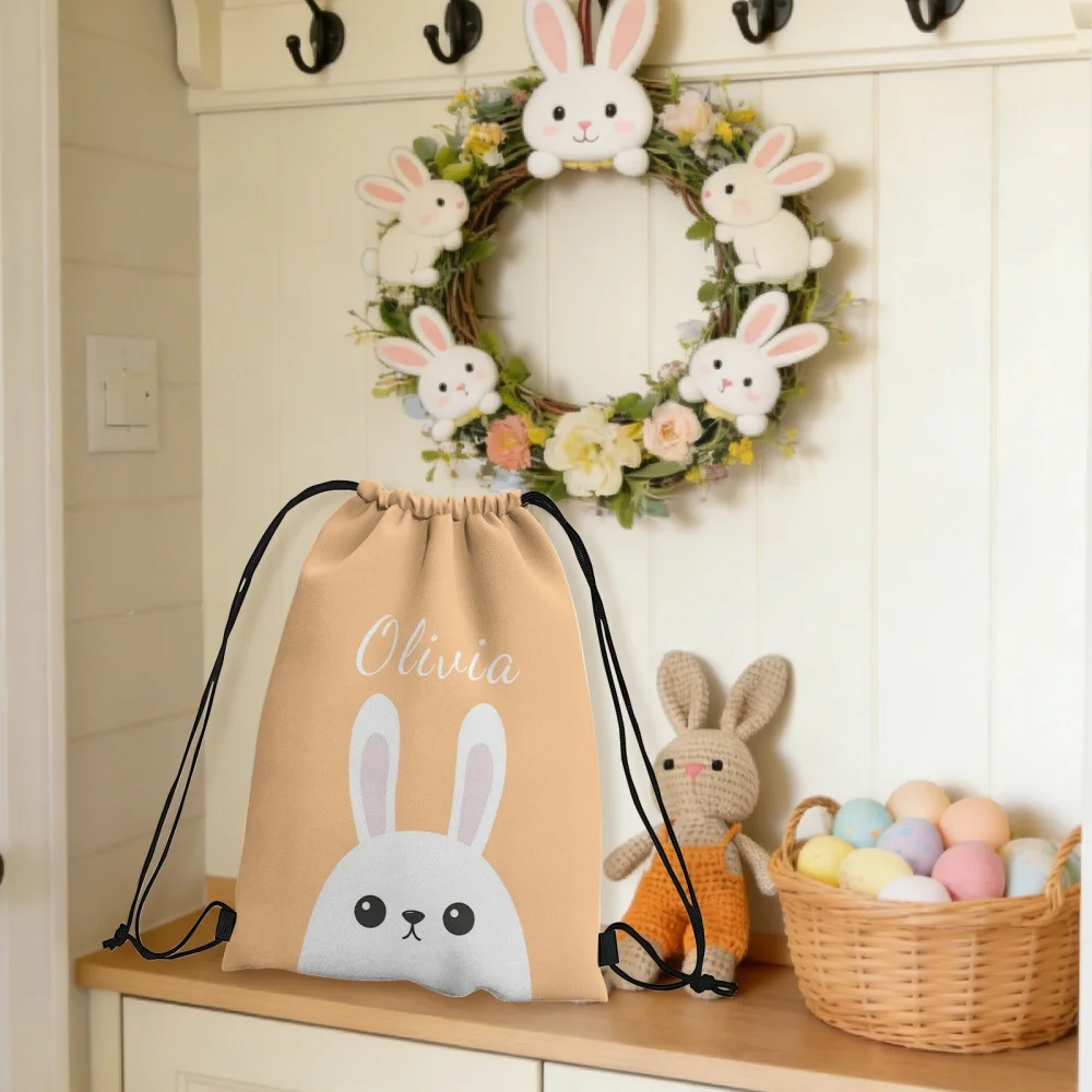 Personalized Easter Bunny Drawstring Backpack Custom Name Kids Sack Bag,Drawstring Bag Ideal for Easter Egg Hunt Outdoor Gift