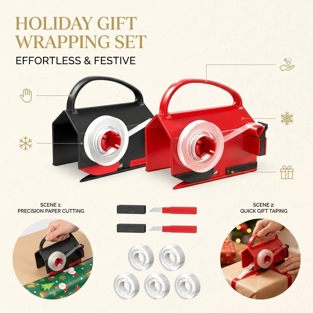 Christmas Paper Roll Clip Gift Wrapping Accessory Tape Dispensing Holder with Cutter Decorative Storage for Packaging
