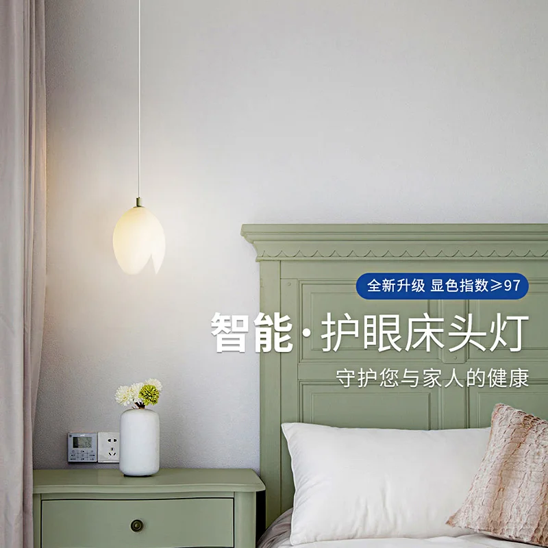 Minimalist bedroom bedside line small chandelier eye protection cream style flower shaped creative personality room background