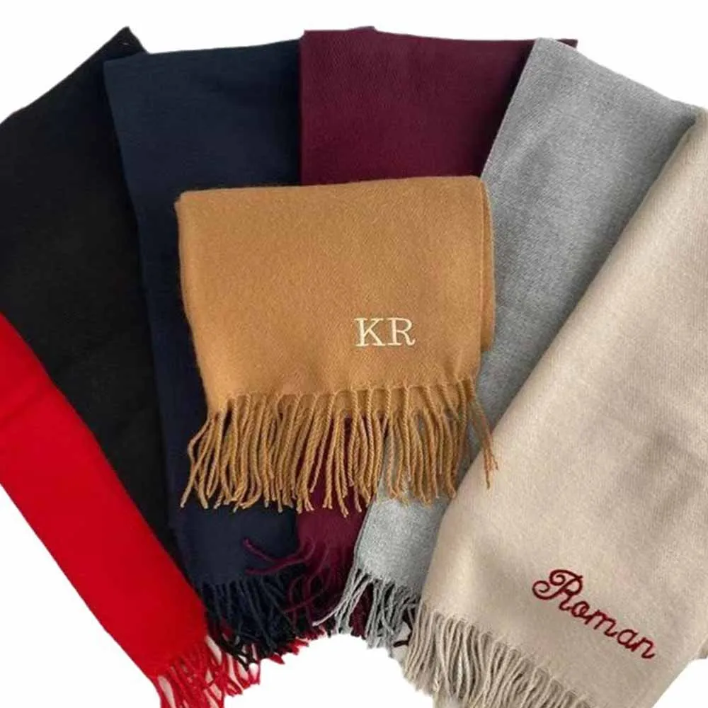 

New Personalized Name Scarf Ladies Birthday Gift Autumn And Winter Solid Color Warm Tassel Scarf Custom Embroidered Name Scarf