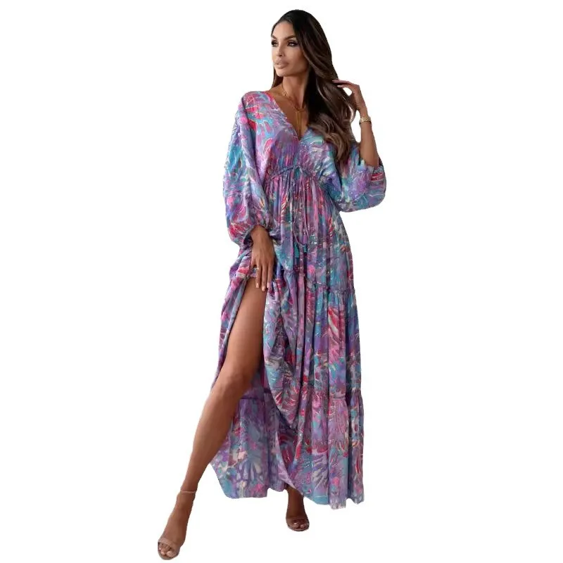 فساتين نسائية أنيقة بأكمام طويلة لقضاء العطلات على الشاطئ فستان ماكسي برباط Dolgie Sukienki Vestidos De Playa فساتين صيفية للسيدات