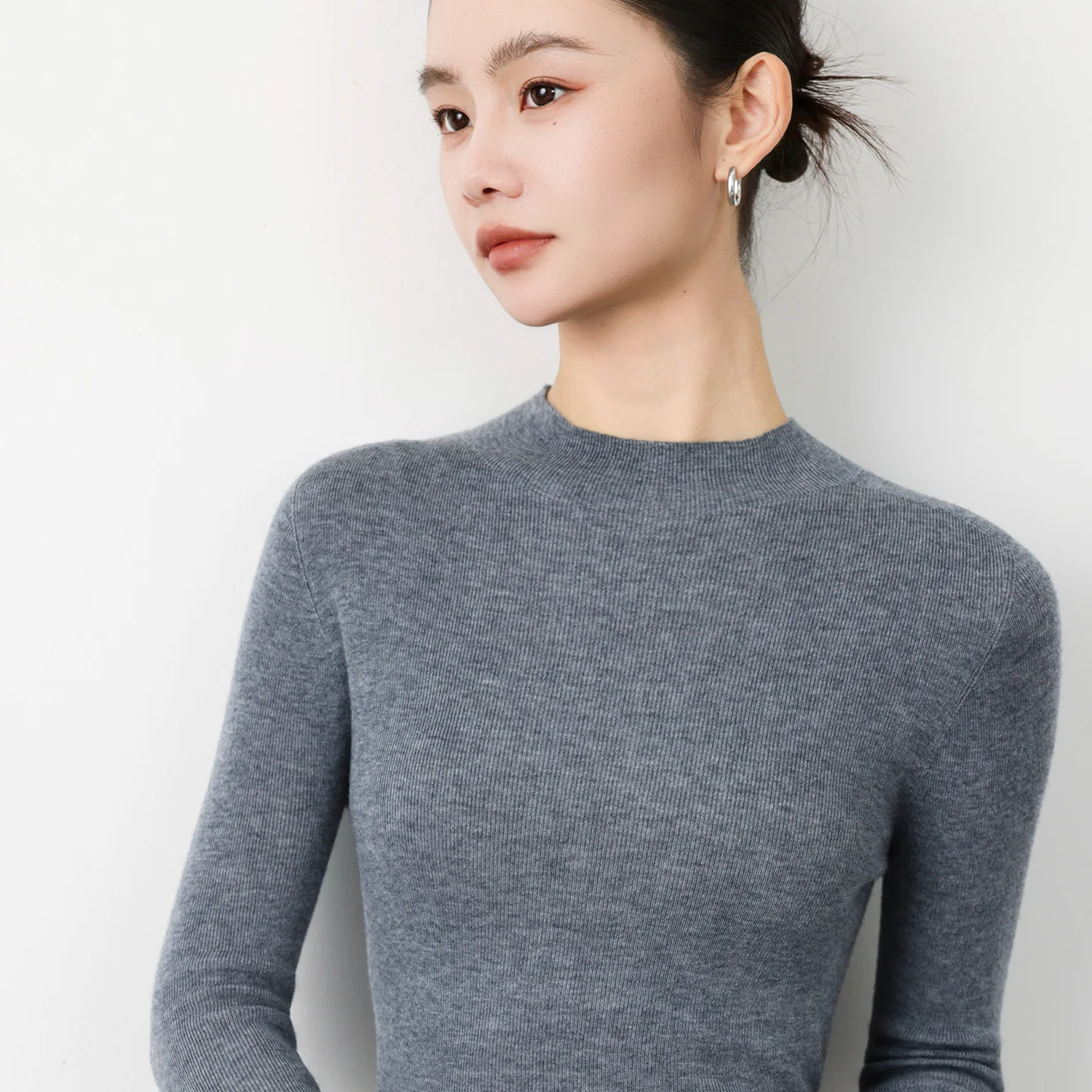 الكلاسيكية سلس الحرير الصوف مزيج البلوز المرأة الحياكة التخسيس نمط سترة نصف عالية الرقبة طويلة الأكمام بلوزات عالية الجودة #1