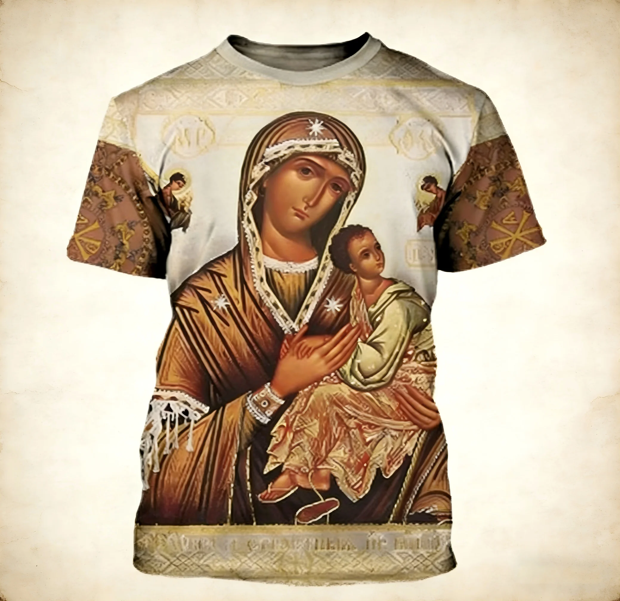 26 popular short-sleeved men's round neck short-sleeved T-shirt, retro, wide, with 3D printed Christian pattern, Virgin Mary